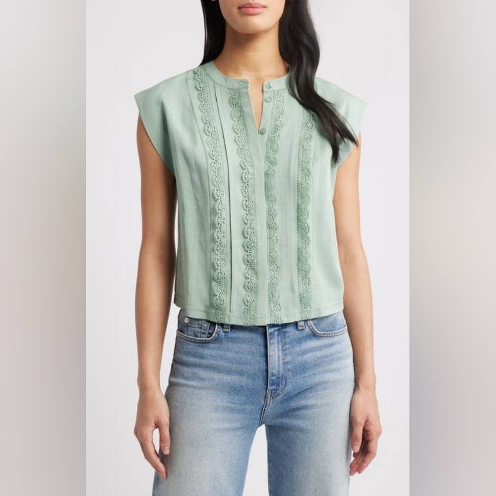 NWT Wit & Wisdom Vintage Jade Crochet Cap Sleeve Button-Up Top Large